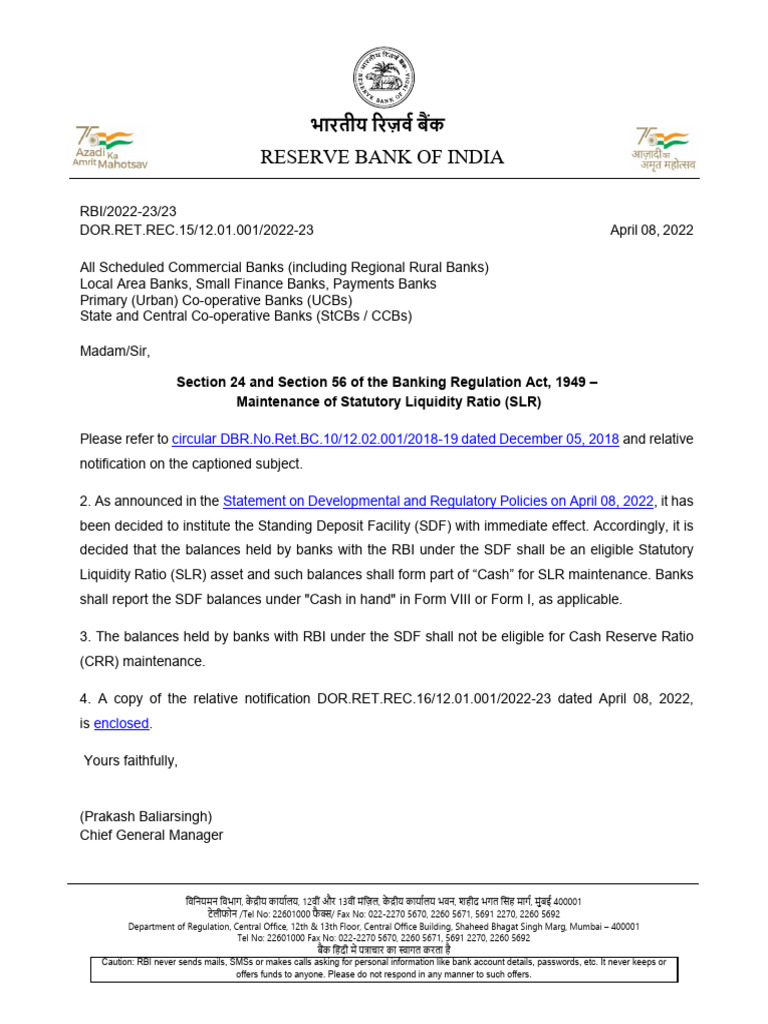 RBI Circular on Statutory Liquidity Ratio | PDF | Banks | Reserve Bank ...