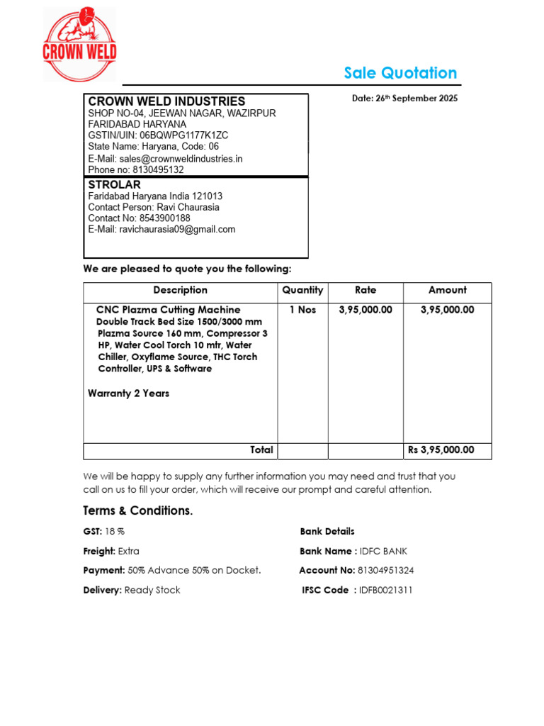 CNC Plasma Cutting Machine Quotation | PDF | Industrial Processes ...