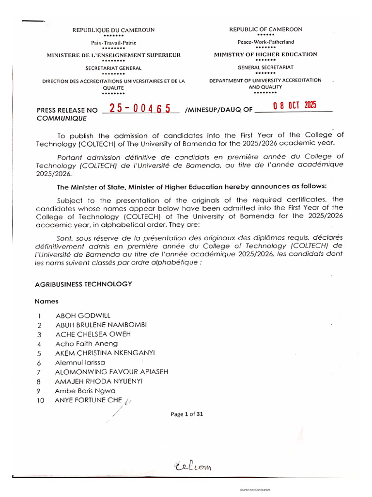 Résultats Définitifs-COLTECH, UBa 1ère Année, 2025-2026 | PDF