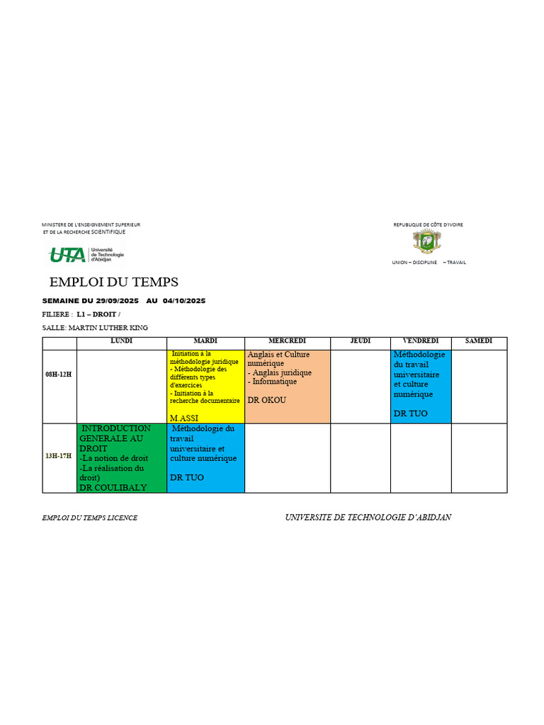 Emploi du temps Licence 29/09-04/10/2025 | PDF | Demande | Science