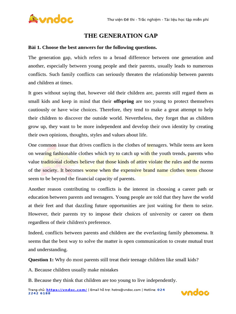 Trac Nghiem Reading Tieng Anh Lop 11 Unit 1 The Generation Gap | PDF ...