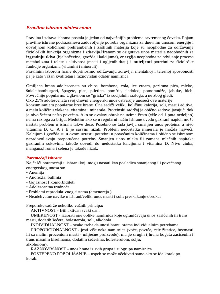 Pravilna Ishrana Adolescenata - Predavanja Za ČOZ | PDF