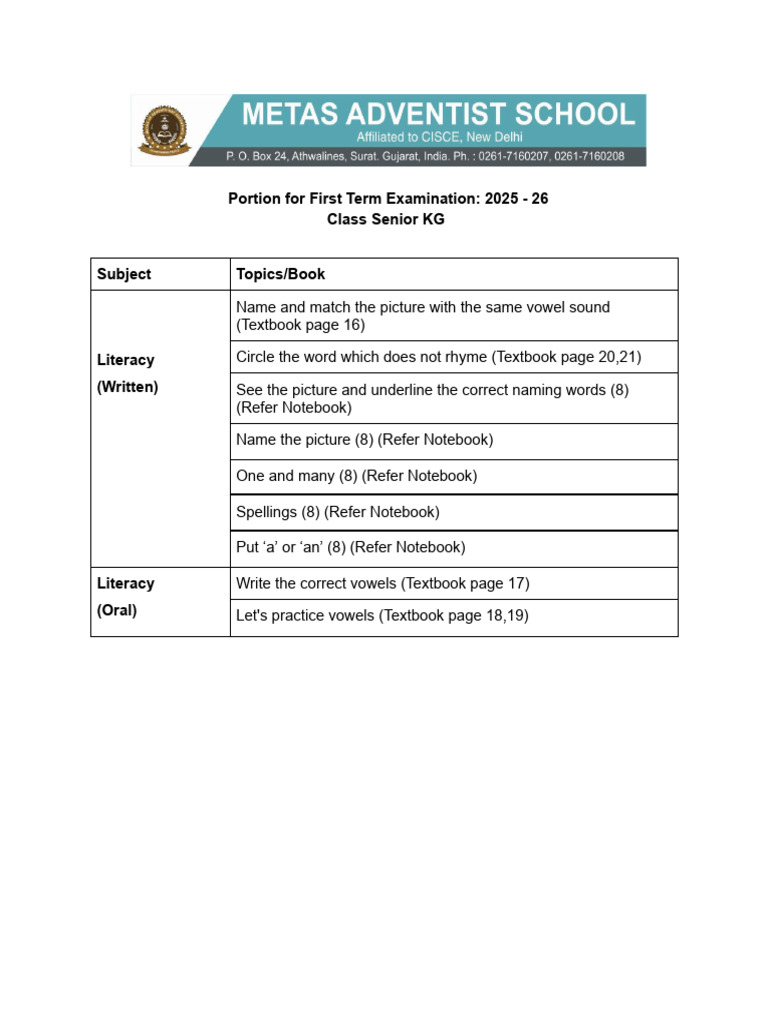 Senior KG First Term Exam Topics 2025-26 | PDF