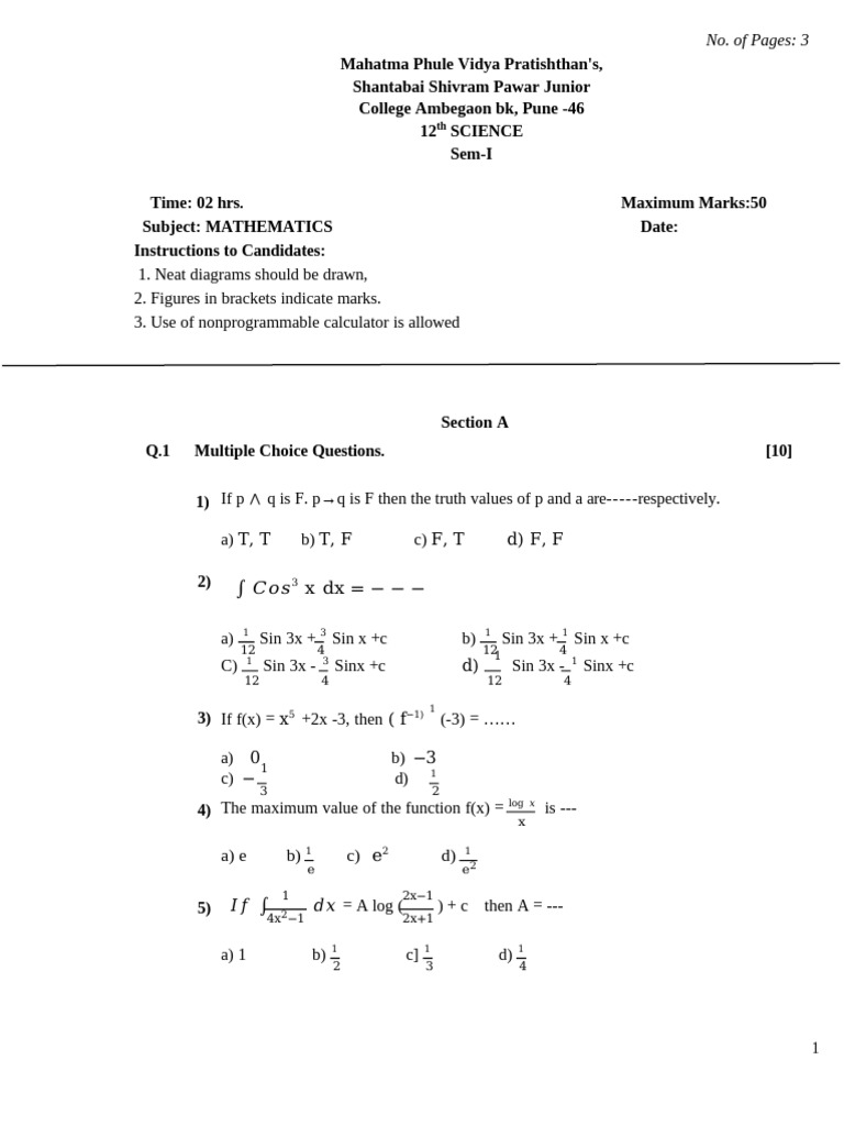 12th Grade Mathematics Exam Paper | PDF | Mathematical Analysis ...