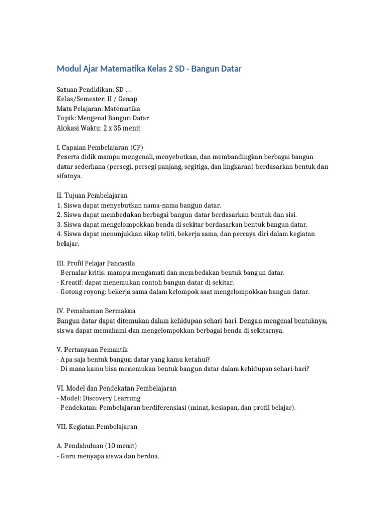 Modul Ajar Bangun Datar Kelas 2 SD | PDF