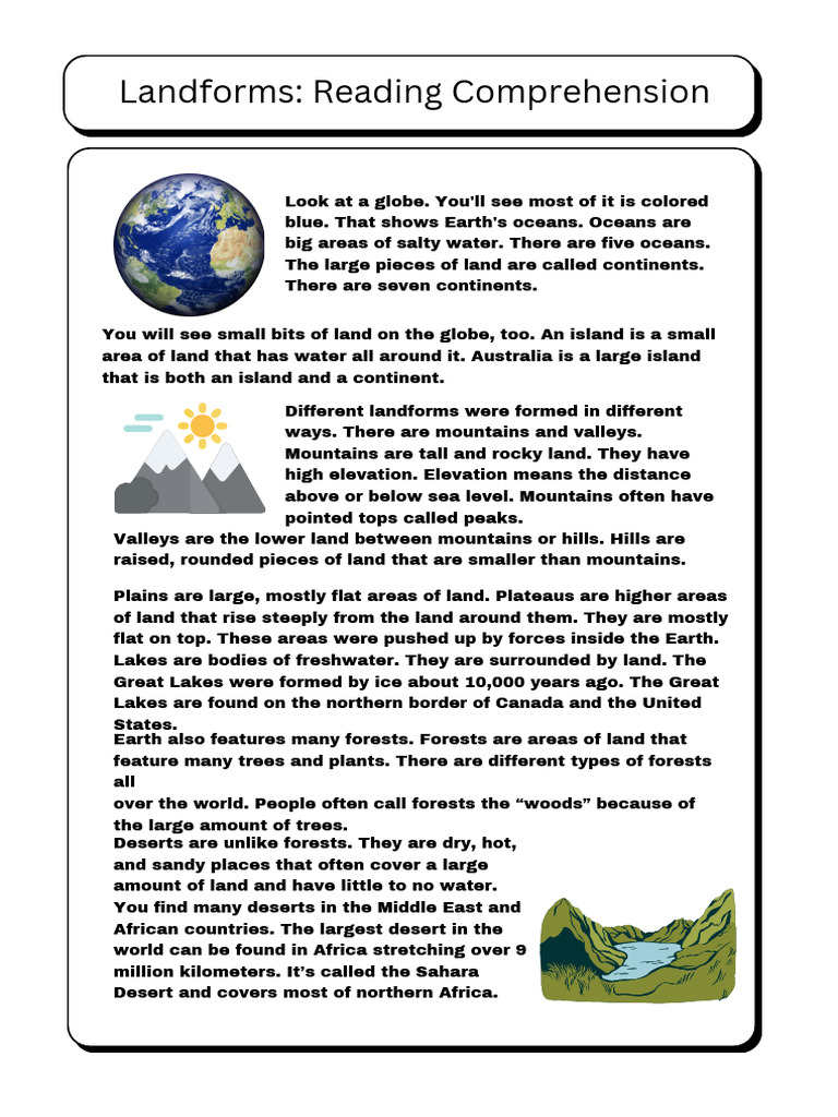 Landforms Reading Comprehension | PDF | Mountains | Plateau