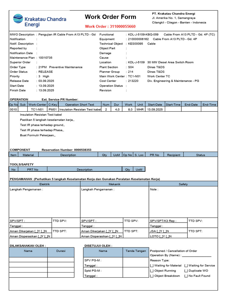 Work Order Form for Cable Testing | PDF