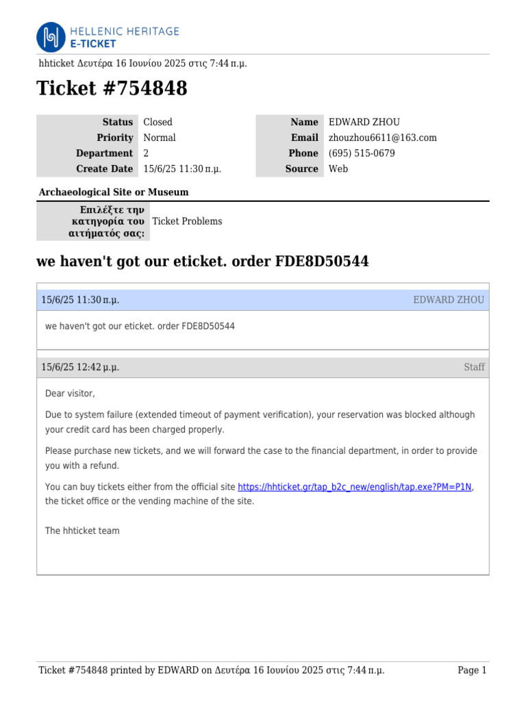 Ticket Issue Resolution for Edward Zhou | PDF