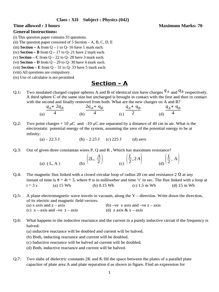 Class 12 Physics Question Paper 042 | PDF | Inductance | Magnetic Field