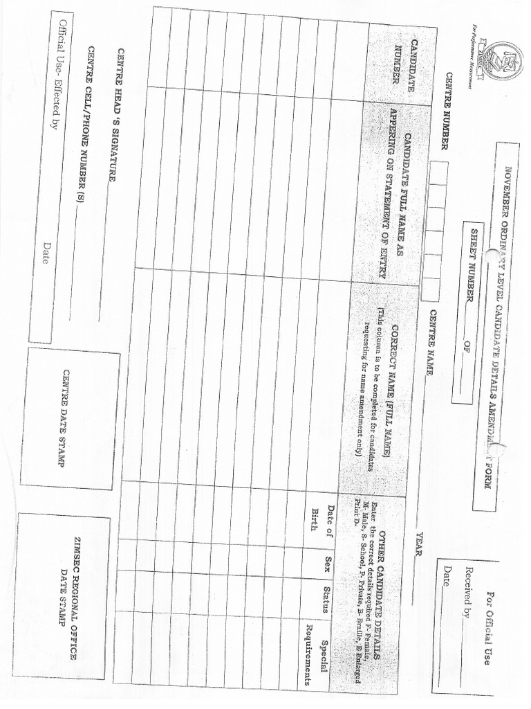 Nov O Level Candidate Details Ammendment Form | PDF
