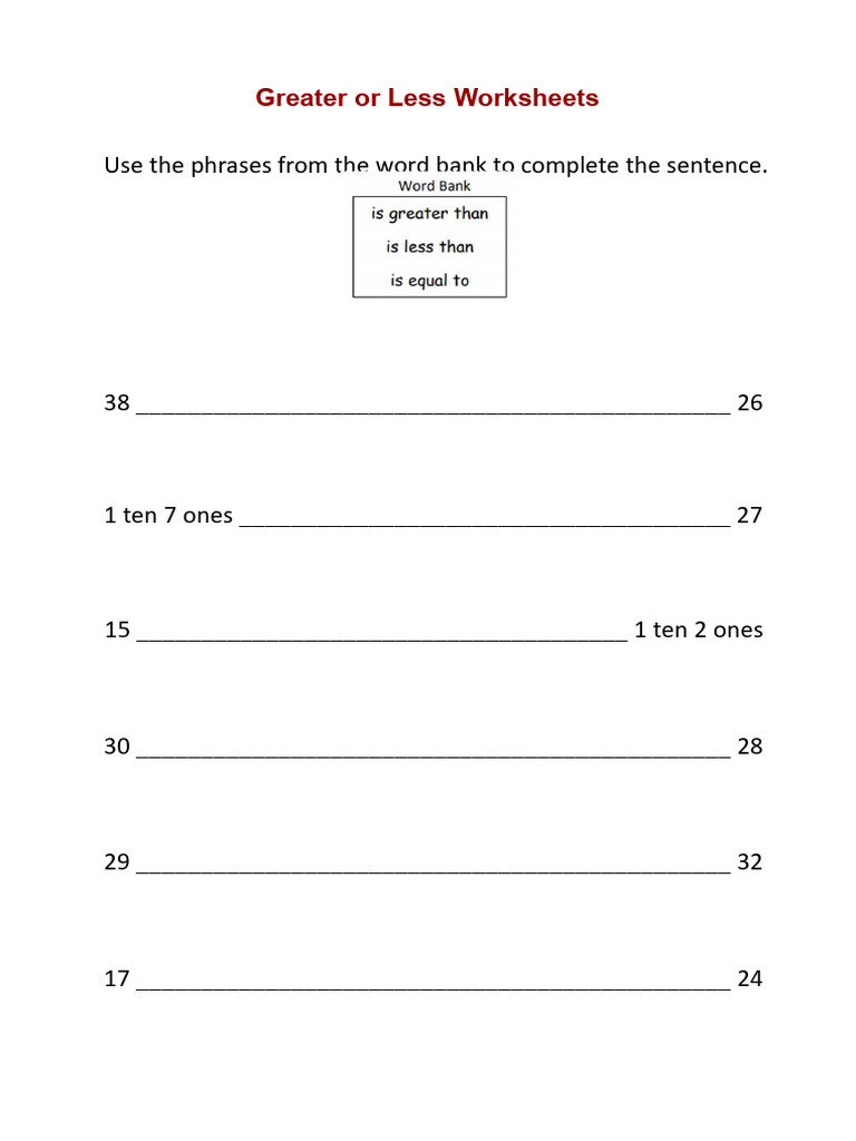 Greater or Less Math Worksheets | PDF