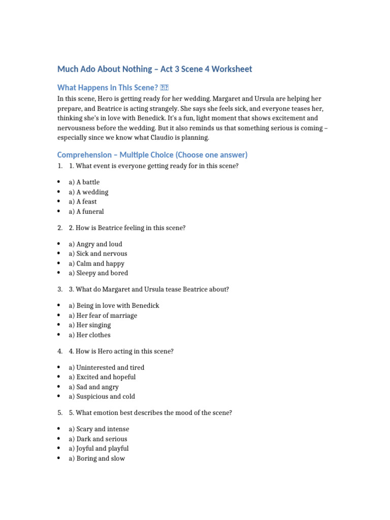 Much Ado About Nothing Act 3 Scene 4 Worksheet | PDF | Much Ado About ...