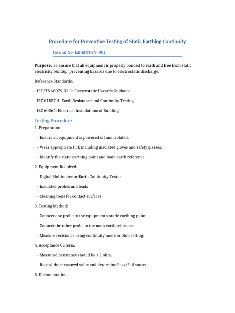 Static Earthing Continuity Testing Procedure | PDF