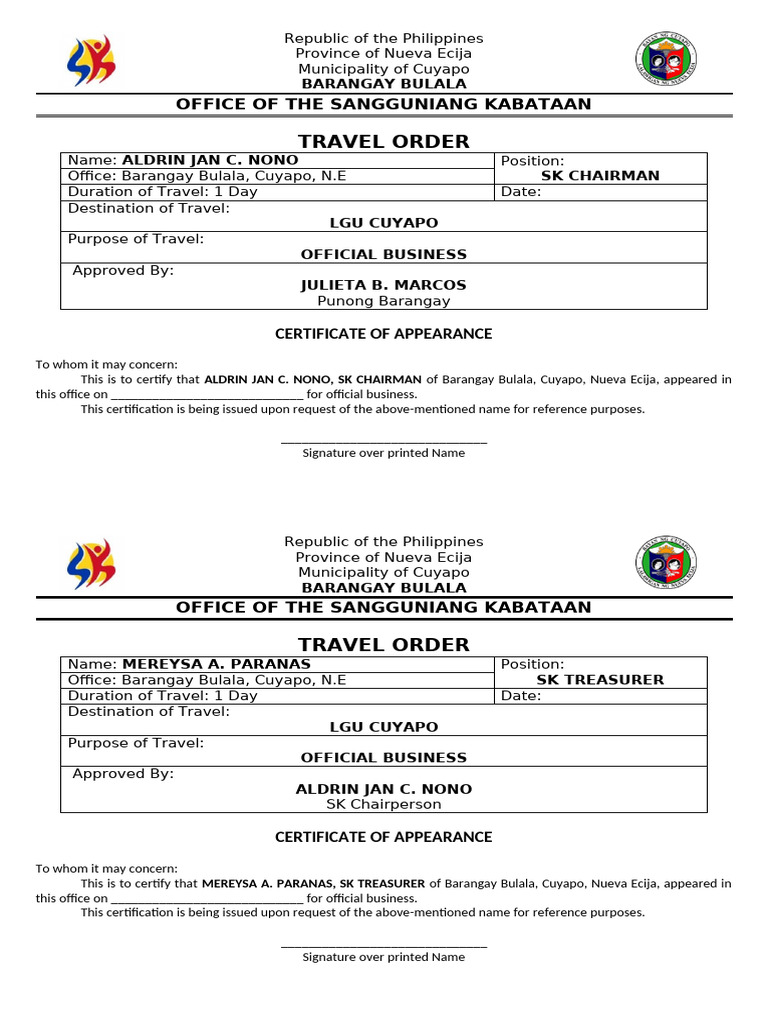 Travel Orders for SK Officials in Cuyapo | PDF | Youth | Youth ...