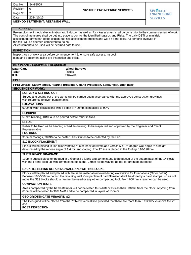 Retaining Wall Method Statement Guide | PDF