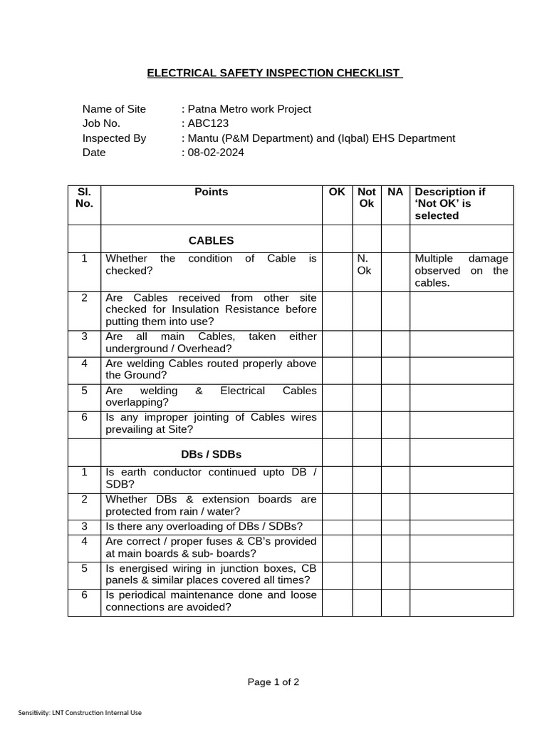 Electrical Safety Inspection Checklist | PDF | Electrical Wiring ...
