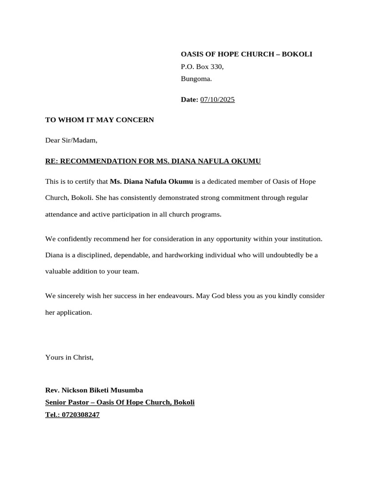 OASIS of HOPE CHURCH Recommendation Letter | PDF