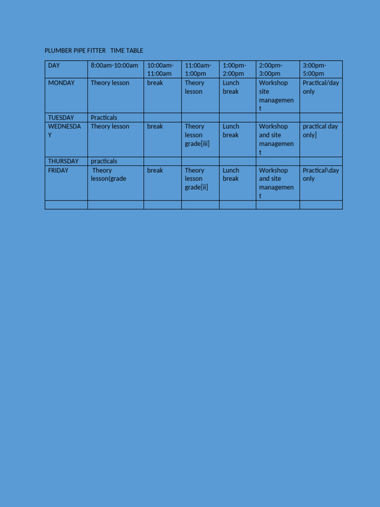 Plumber Pipe Fitter Time Table | PDF