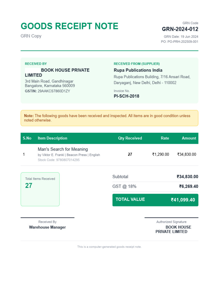 GRN for Book House Receipt 2024 | PDF