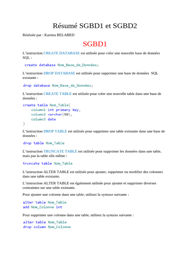 Commandes SQL essentielles et SGBD | PDF | SQL | Gestion informatique
