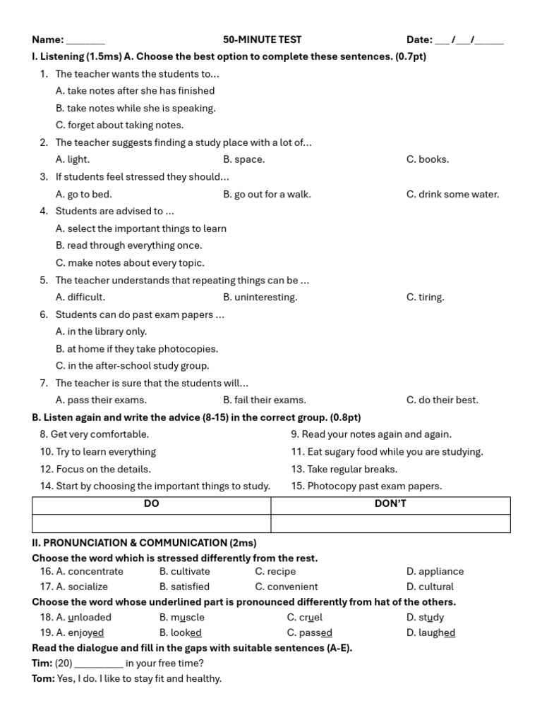 50-Minute Test Instructions and Content | PDF