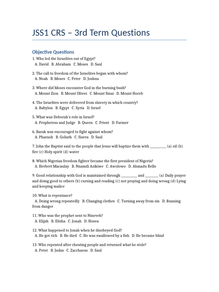 JSS1 CRS 3rd Term Exam Questions | PDF | Moses | Ten Commandments