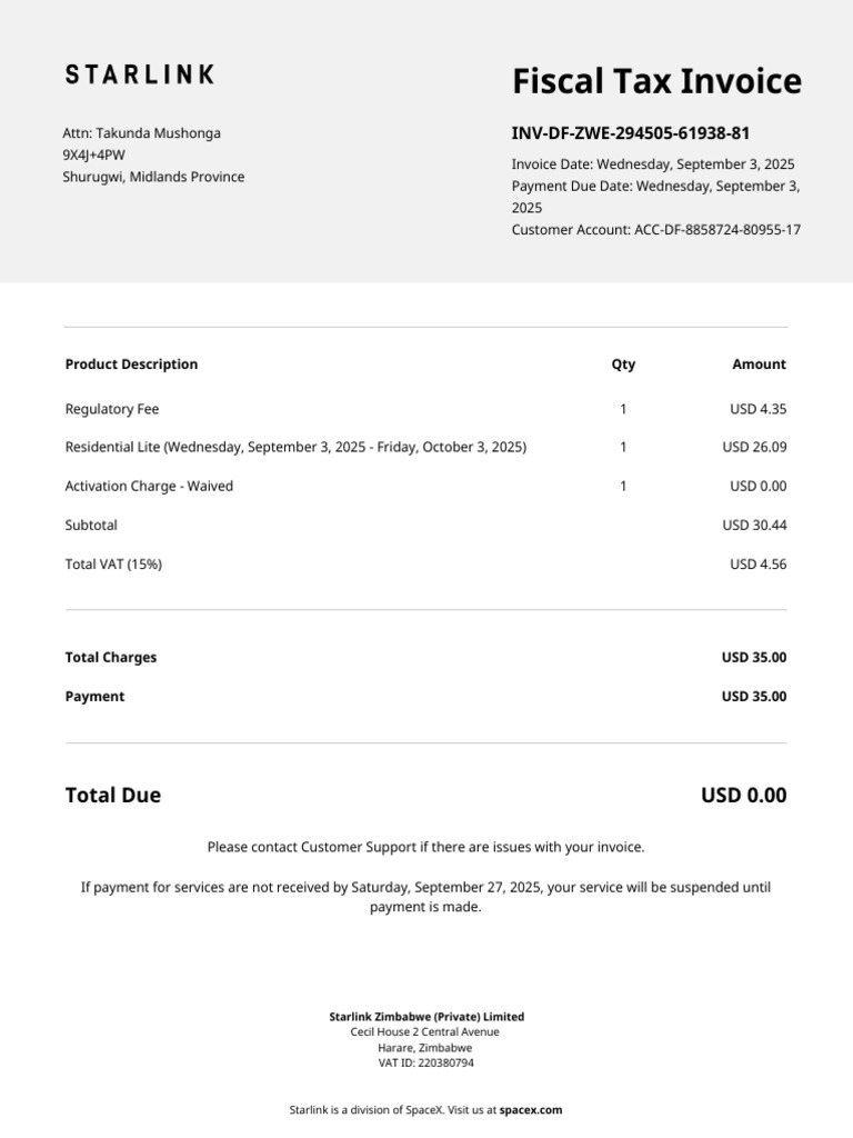 Starlink Zimbabwe Invoice Details | PDF | Invoice | Value Added Tax