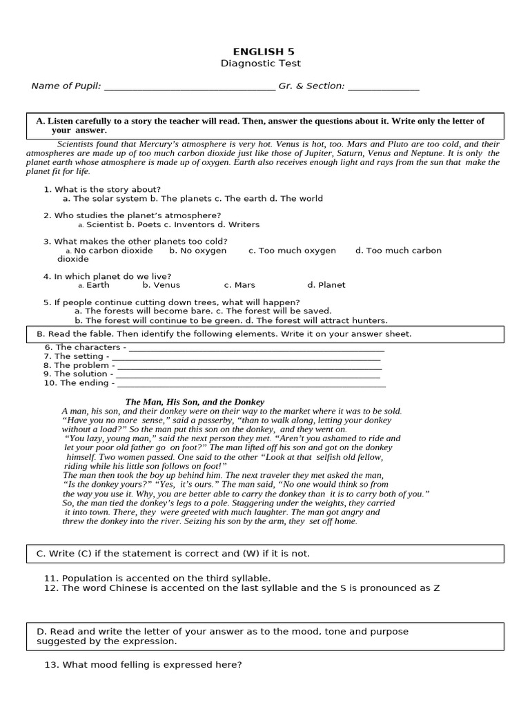 English 5 Diagnostic Test Questions | PDF | Planets | Atmosphere