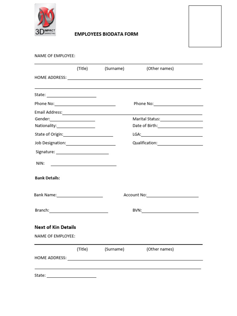 Employee Biodata Form Template | PDF