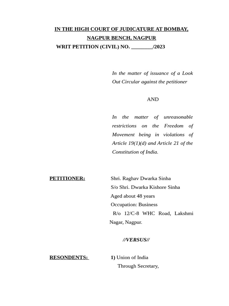Writ Petition Against Look Out Circular | PDF | Mandamus | Writ