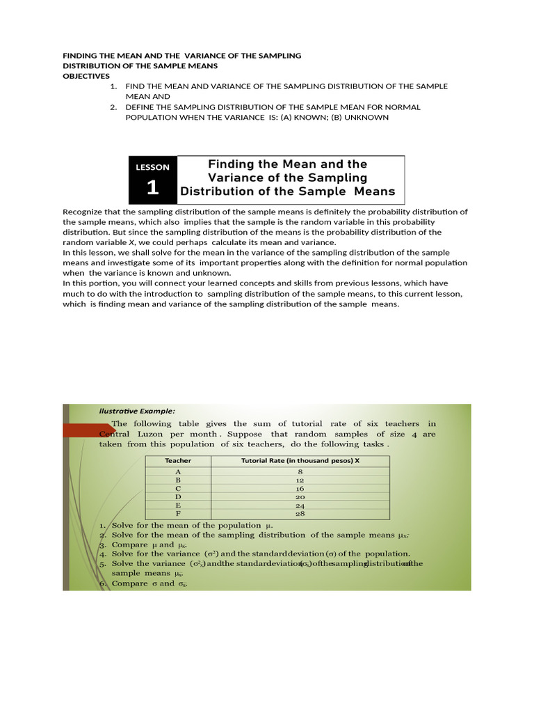 Finding The Mean and The Variance of The Sampling | PDF