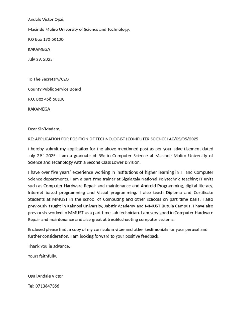 Application for Computer Science Technologist | PDF
