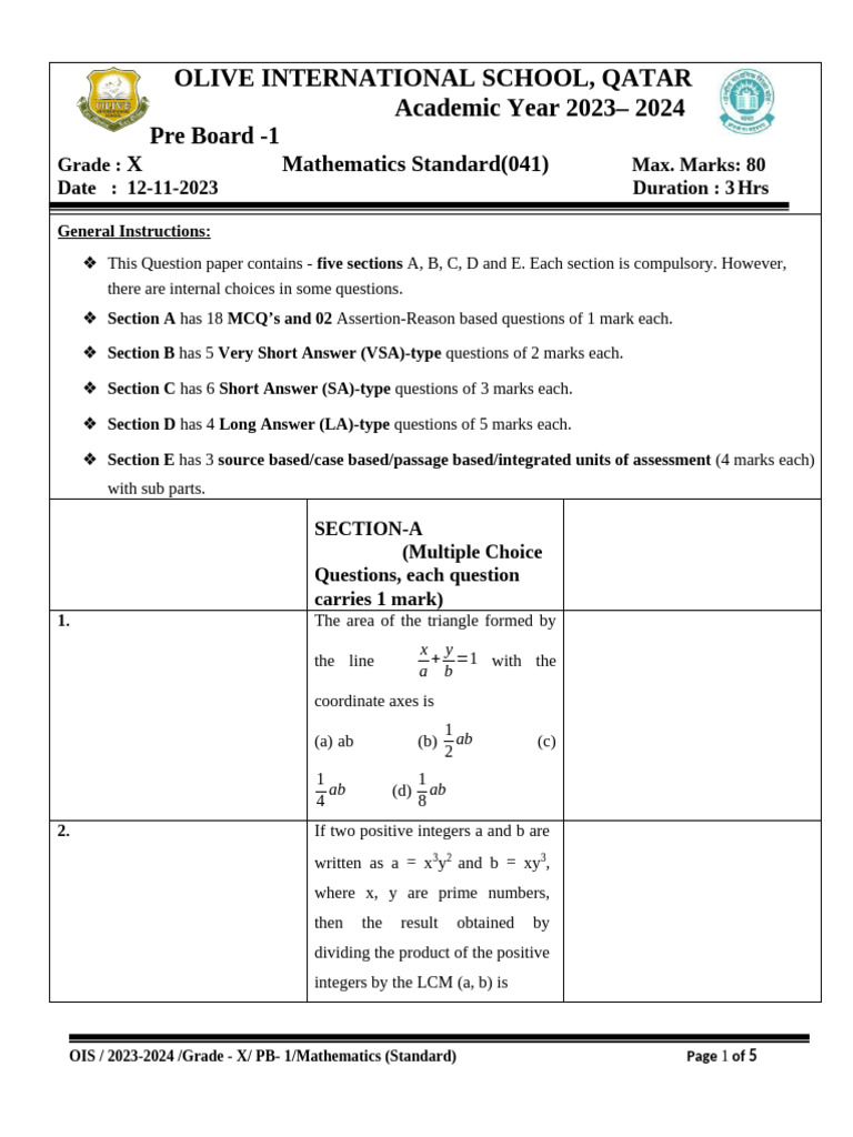 Grade X Mathematics Pre Board 1 Exam | PDF | Circle | Quadratic Equation