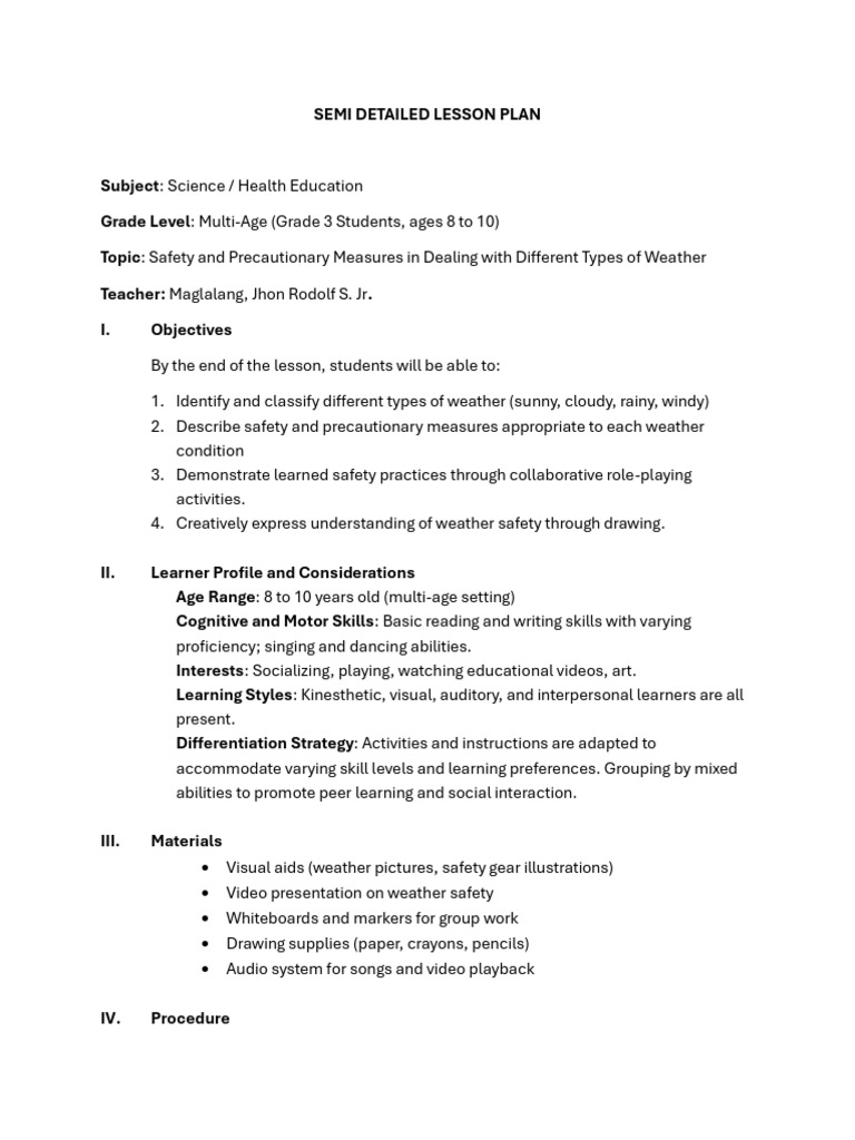Weather Safety Lesson Plan for Kids | PDF | Learning | Lesson Plan