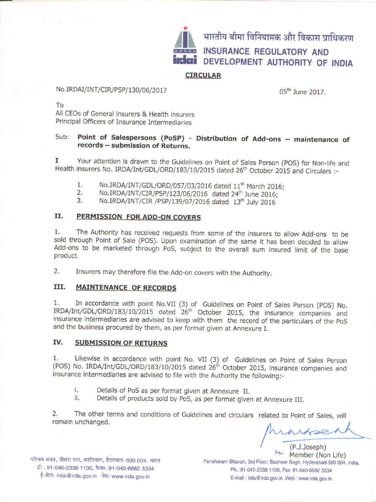 Point of Salespersons (PoSP) Distribution of Add-Ons Maintenance of Rec ...