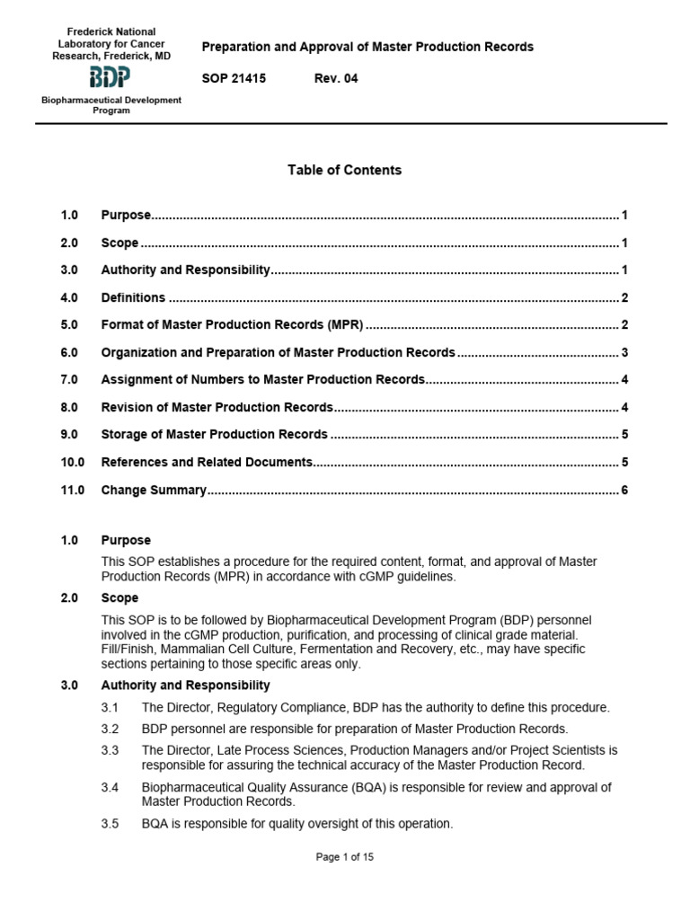 Master Production Records SOP Overview | PDF