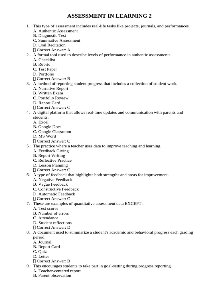 Assessment in Learning 2 Questions | PDF