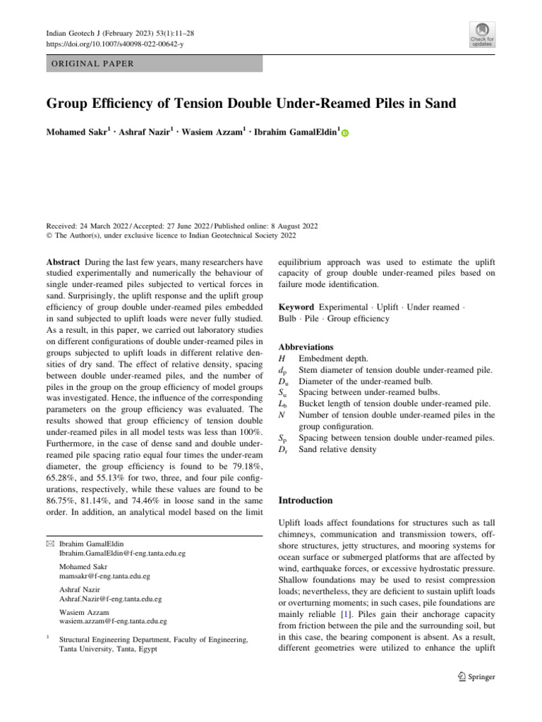 Group Efficiency of Tension Double Under-Reamed Piles in Sand | PDF ...