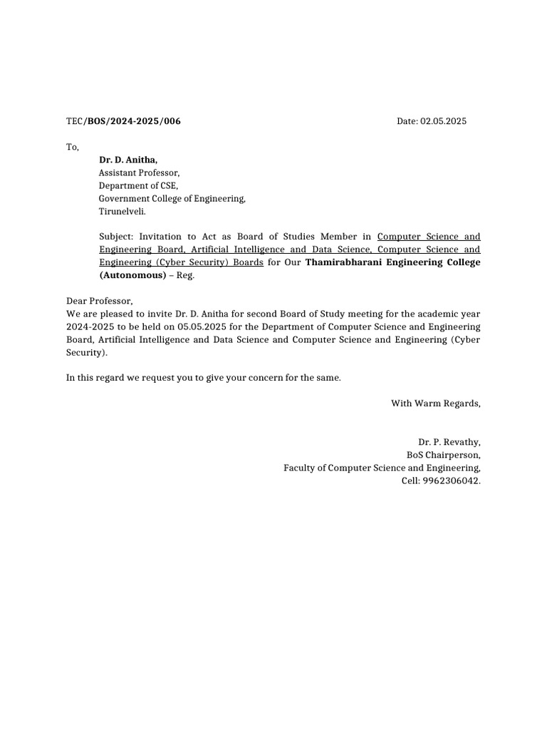 CSE - Invitation Letter For Board Members - 5.2.2025 - Ani | PDF