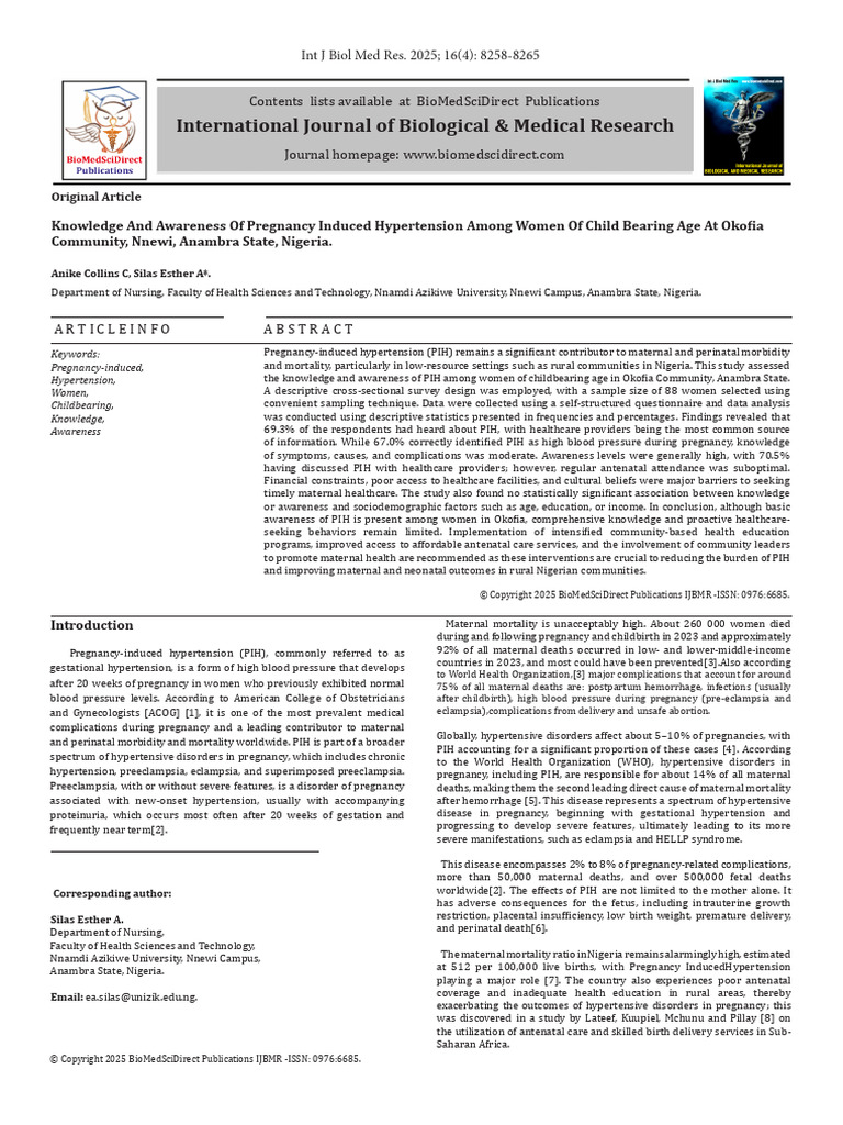 Knowledge and Awareness of Pregnancy Induced Hypertension Among Women ...
