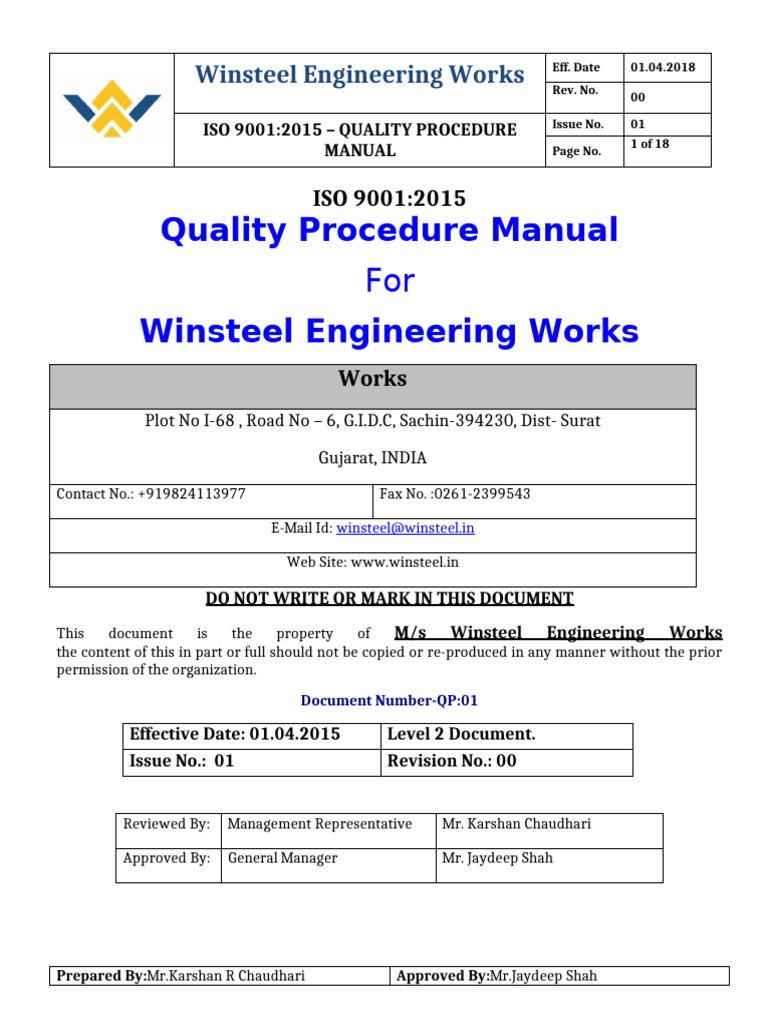 Winsteel Engineering ISO 9001 Manual | PDF | Audit | Auditor's Report