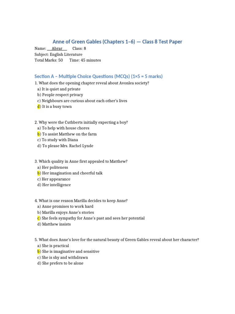 Anne of Green Gables Class 8 Test Paper | PDF | Anne Of Green Gables