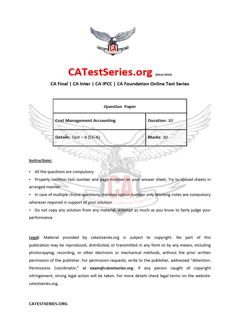 Inter Cost Management Accounting Test 6 CH 6 Test Paper 1703149874 ...