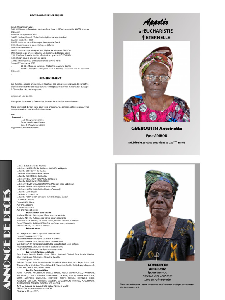 Programme des obsèques de Antoinette | PDF | Rite funéraire | Anthropologie