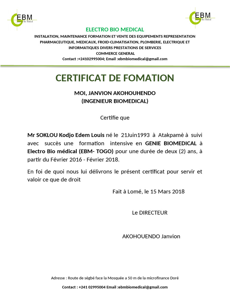 Certificat de Formation en Génie Biomédical | PDF
