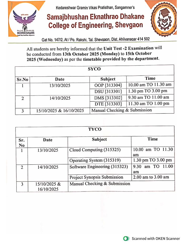UT 2 Time Table | PDF