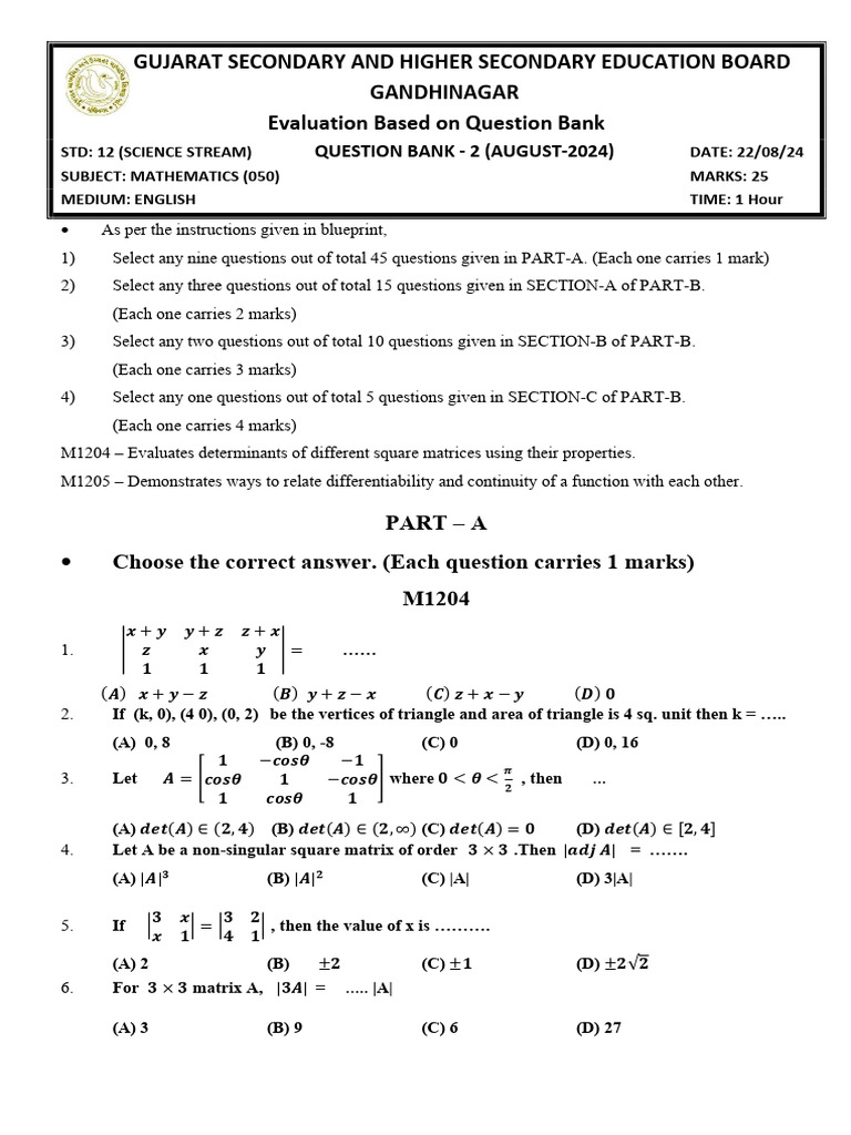 Gujarat Std 12 Mathematics Question Bank | PDF | Equations | Function ...