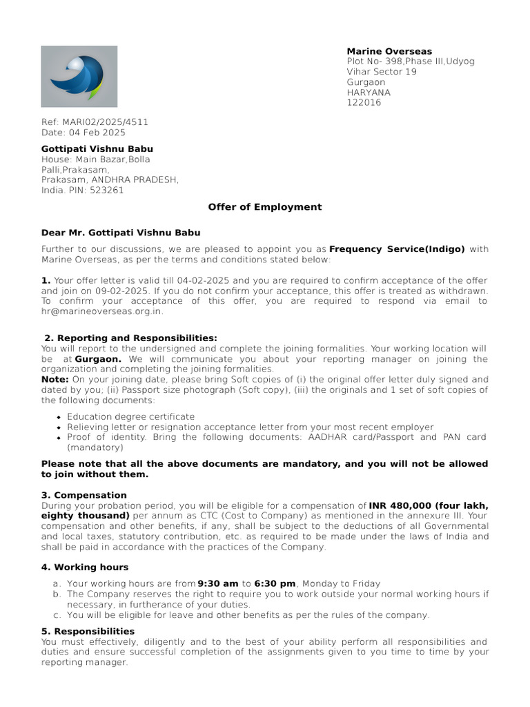 Employment Offer from Marine Overseas | PDF | Patent | Intellectual ...