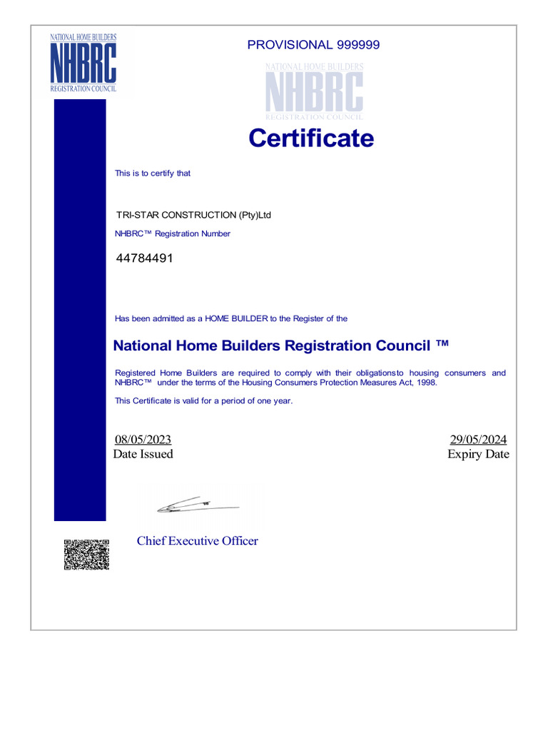 NHBRC Certificate Exp 2024.05.29 | PDF