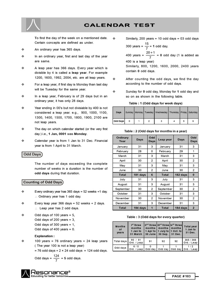 Calendar Calculation and Odd Days Guide | PDF